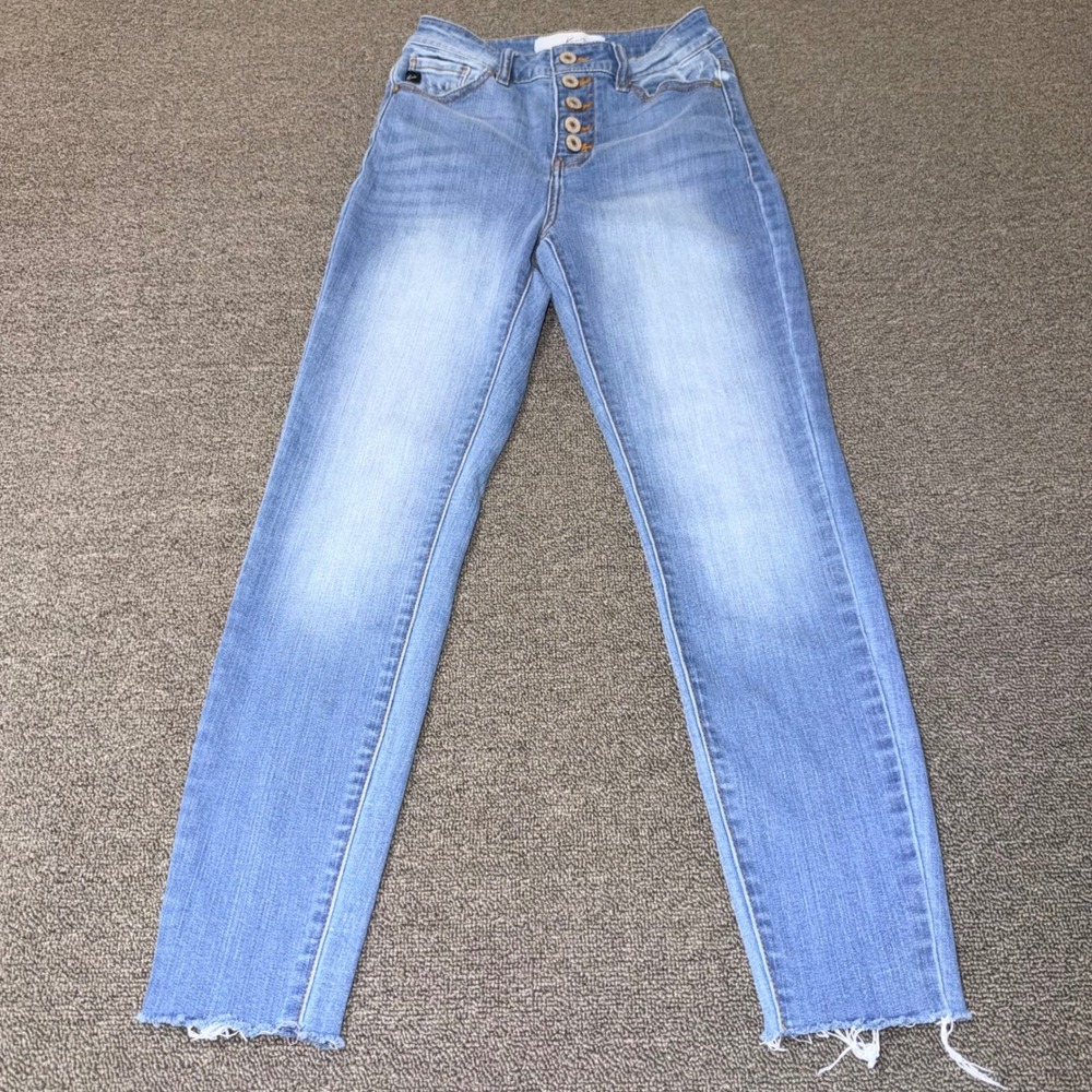 Kancan High Rise Button Fly Skinny Jeans Light Wash Raw Hem Size 1/24 Boho Twee
